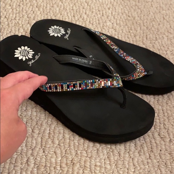 yellow box multi color flip flops